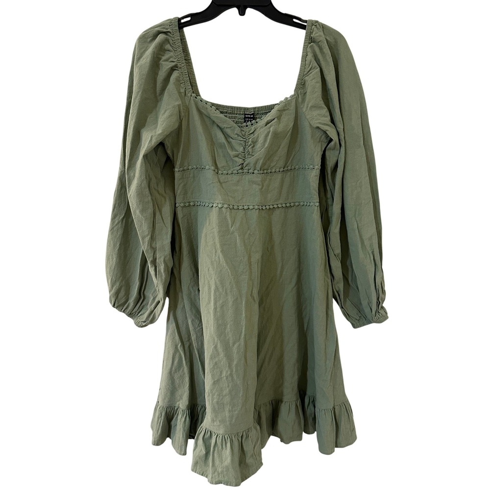 SHEIN VCAY Sage Green Cotton Puff Sleeve Smocked Mini Dress Crochet Trim Size M‎